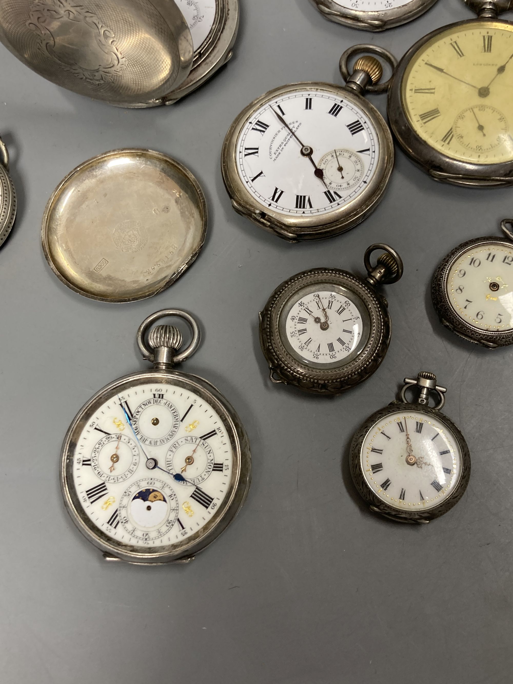Ten assorted silver or white metal pocket and fob watches, including Russian, silver calendar moonphase and enamelled fob watch (all mainly a.f.).